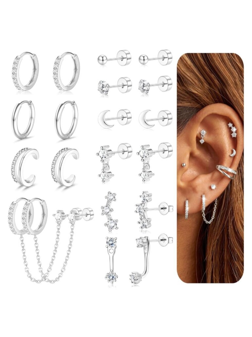 14K Gold Plated Cartilage Earring Set Hypoallergenic Flat Back Stud Hoops